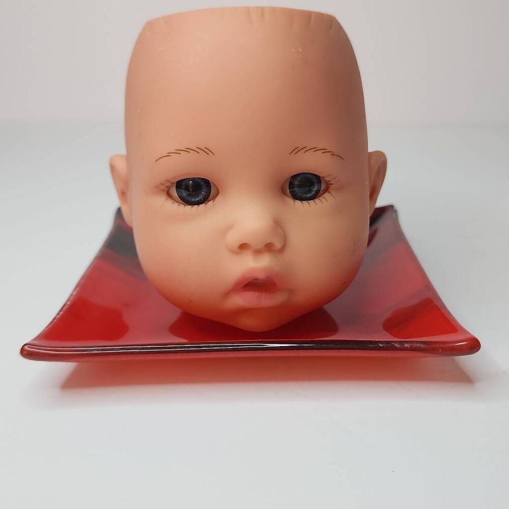 Handmade by Me Dollhead Planter on a Red/ Black Square Glass Plate
